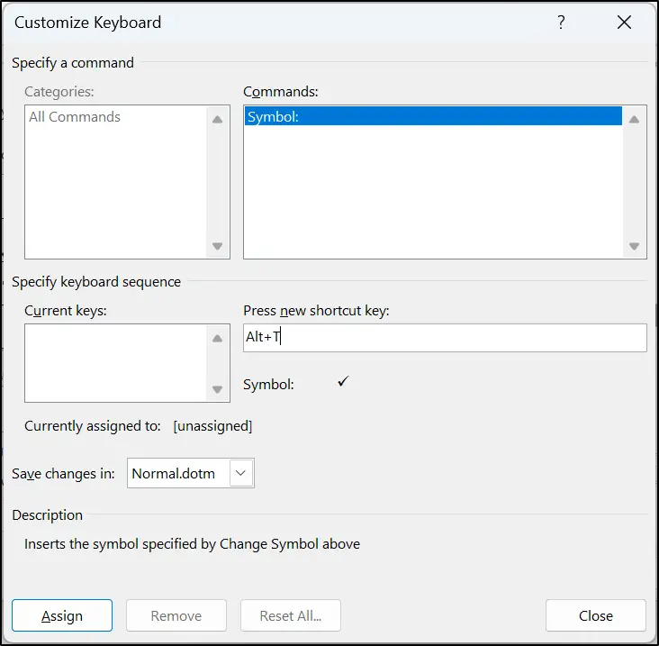 Assign a tick shortcut key in Word