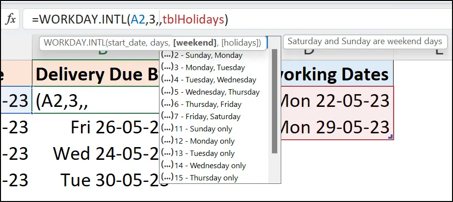 List of weekend options with the Excel WORKDAY.INTL function