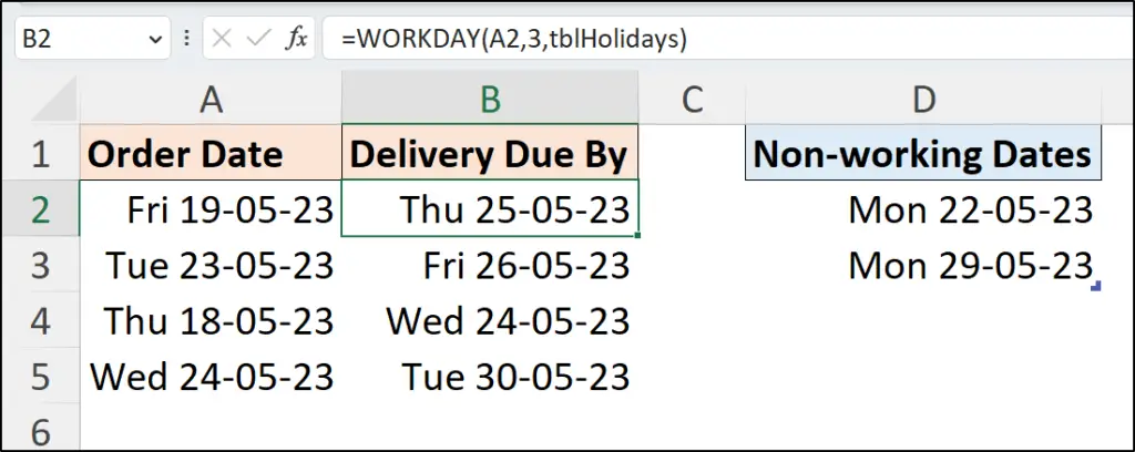 Using the holidays argument to exclude specific non-working dates