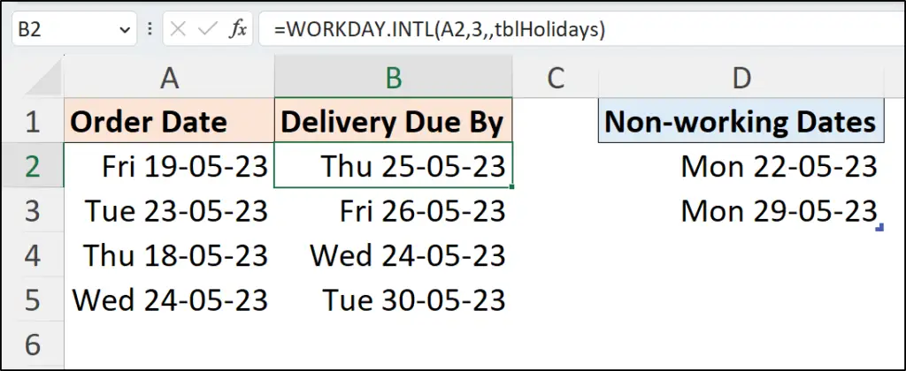 Calculating delivery dates with WORKDAY.INTL