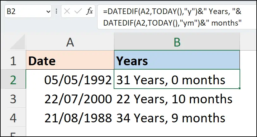 DATEDIF function returning date difference in years and months