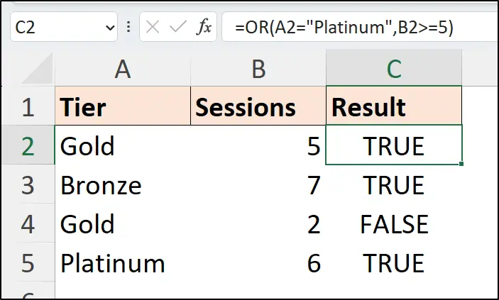 Excel OR formula testing two columns