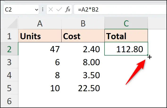 Using the Fill handle to copy down a column in Excel