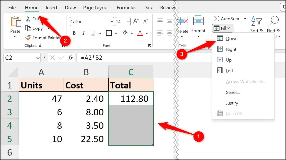 Fill down in Microsoft Excel