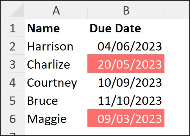 Highlighted due dates Excel compared with a less than rule