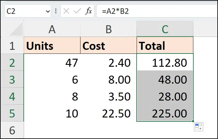 Result of copying the formula down