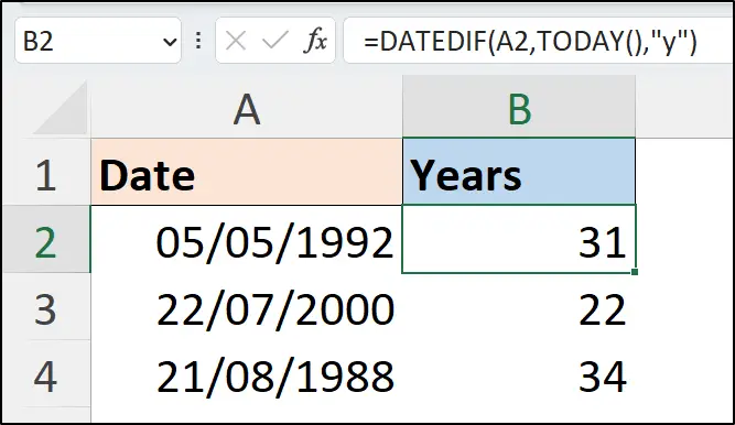 Years difference between two dates using DATEDIF