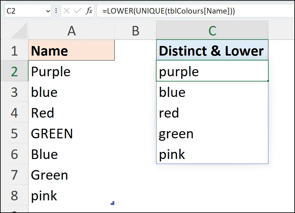 LOWER formula example to change all text in an array