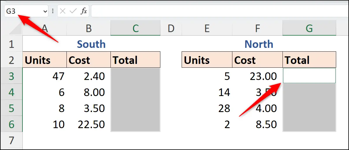 Active cell shown in the Name box and by white cell