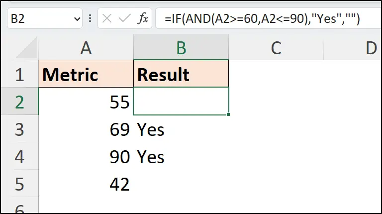 Between logic with the AND function in Excel