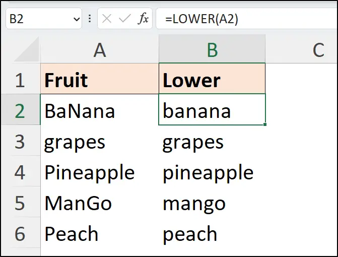 Use the Excel LOWER function to change case to lowercase  