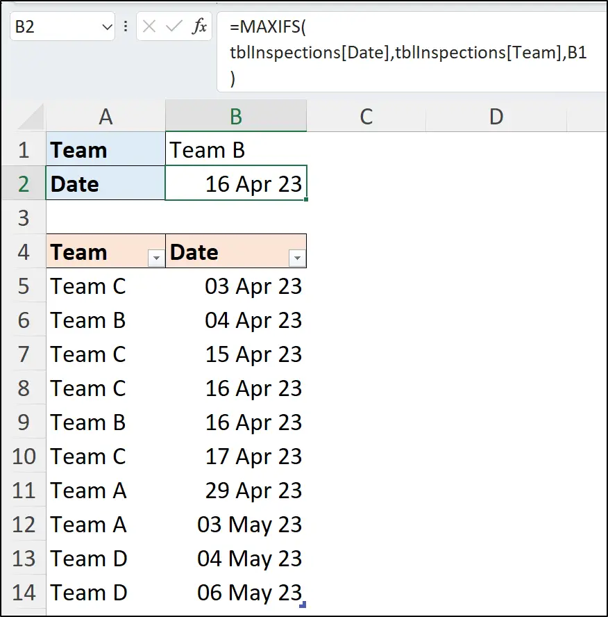 Excel MAXIFS function to return the last date that matches criteria