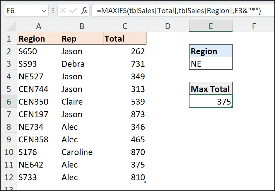 How to use the MAXIFS function with wildcard characters 