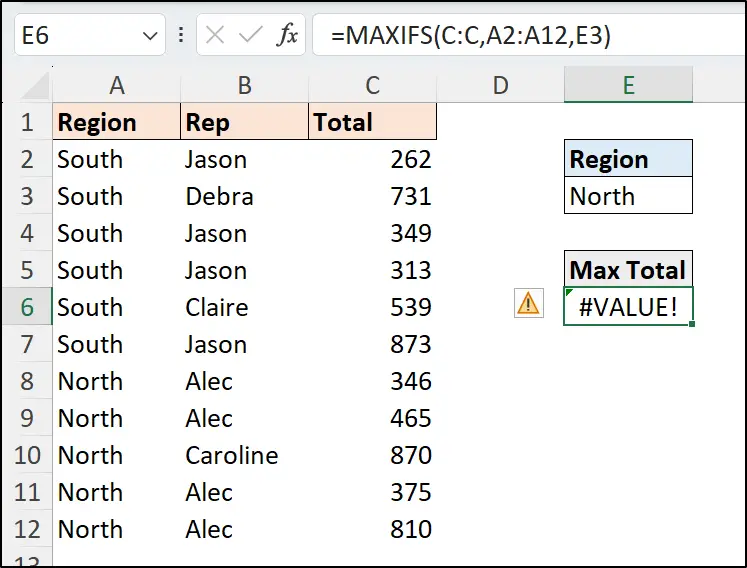 Error returned due to inconsistent range sizes