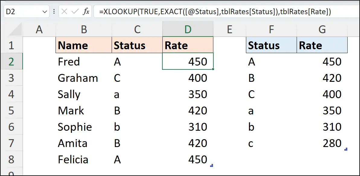 XLOOKUP case sensitive formula