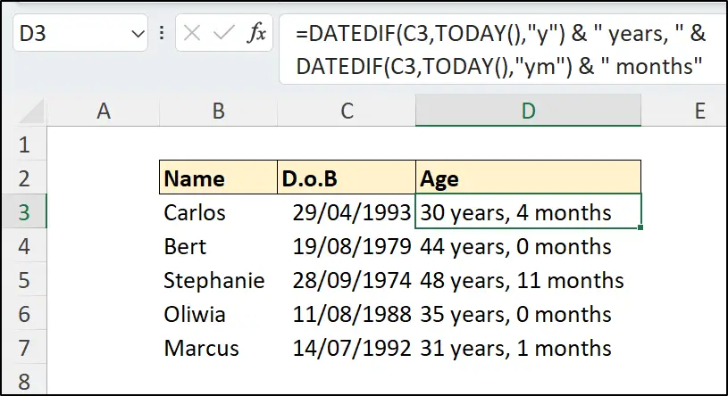 Calculate age in Excel from date of birth in years and months