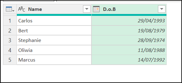 Table in Power Query with date of birth column