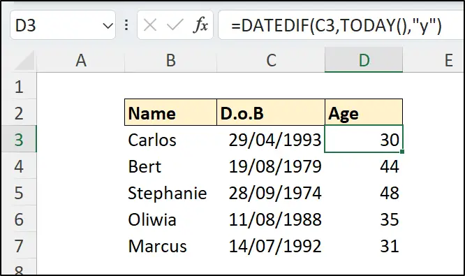 Calculating age in Excel in years with DATEDIF function