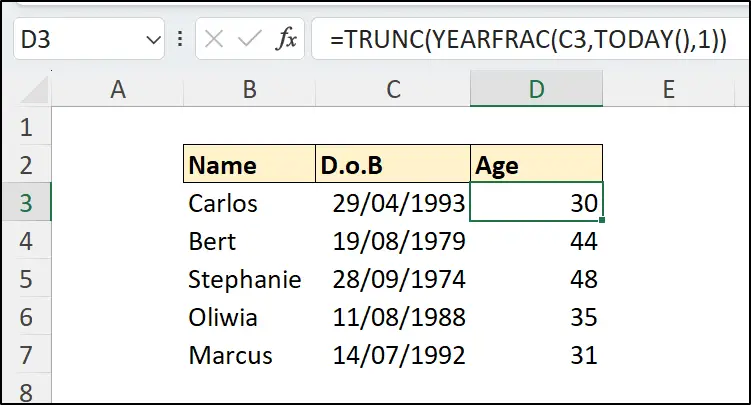 Simple age formula in Excel