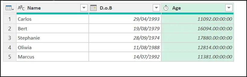 Age returned in number of days difference