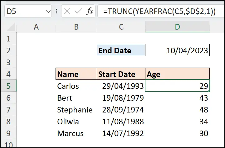 Calculating age in years between two dates