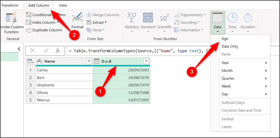 Add column to calculate age in Power Query