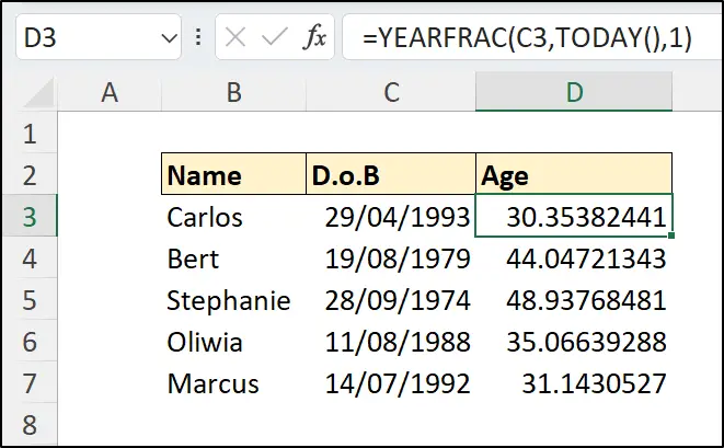 YEARFRAC function returning the year fraction between two dates