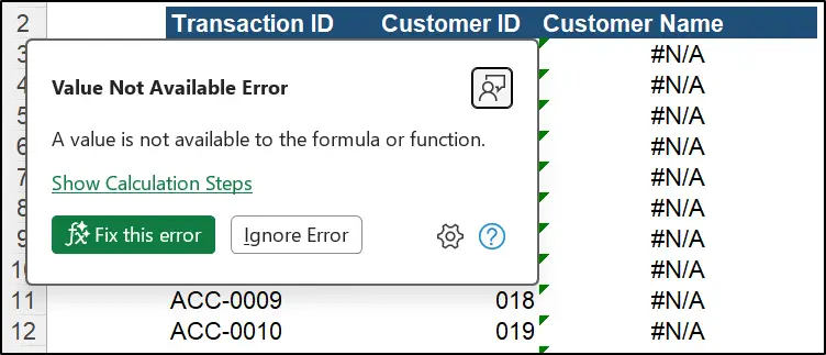 Value Not Available Error card when XLOOKUP returns #N/A