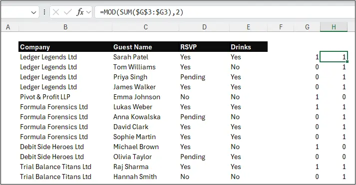 MOD function used to return 1 and 0 for alternating sections