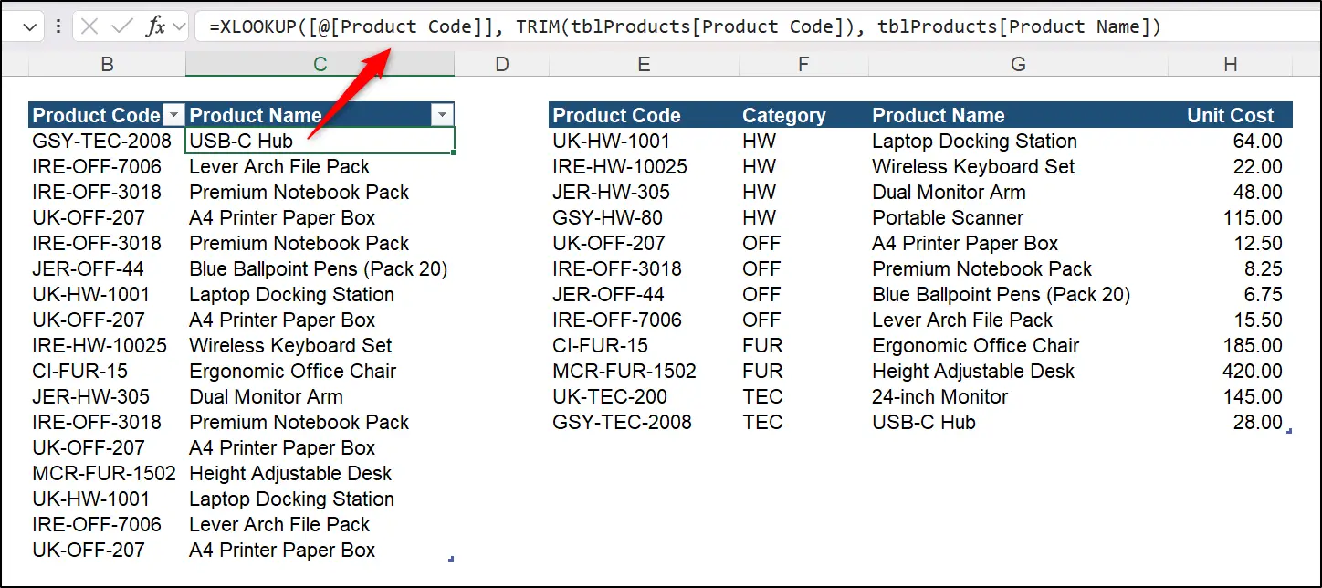 TRIM removing unrecessary spaces for XLOOKUP